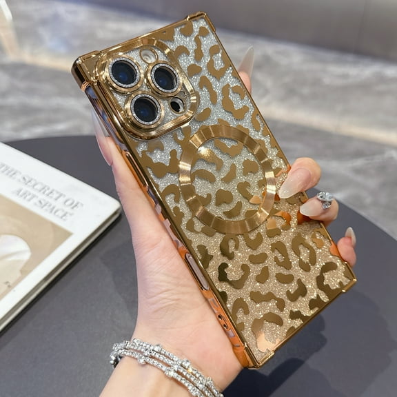 Case for iPhone 14 Pro Max, Compatible with MagSafe Gradient Glitter Bling Leopard Design Plating Camera Lens Protection Clear Soft Shockproof Anti-Scratch Cover for Women Girls, Gold