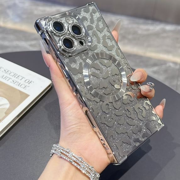Case for iPhone 14 Pro Max, Compatible with MagSafe Gradient Glitter Bling Leopard Design Plating Camera Lens Protection Clear Soft Shockproof Anti-Scratch Cover for Women Girls, Silver