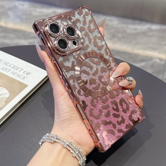 Case for iPhone 14 Pro Max, Compatible with MagSafe Gradient Glitter Bling Leopard Design Plating Camera Lens Protection Clear Soft Shockproof Anti-Scratch Cover for Women Girls, Pink
