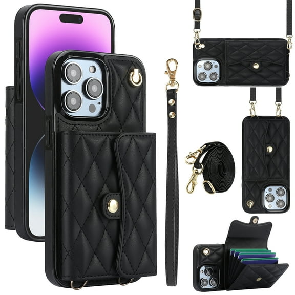 Case for iPhone 14 Pro Max, Crossbody Wristlet Case Wallet with RFID Blocking Card Slots KickStand Flip Folio PU Leather Magnetic Protective Cover Women for iPhone 14 Pro Max, Black