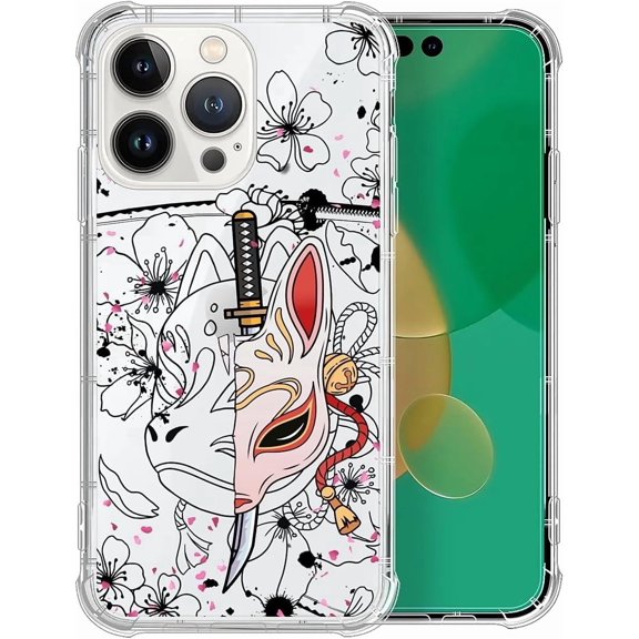 Case for iPhone 14 Pro Max, Crystal Clear Shockproof Cover with 4-Corner Airbag Technology, Military-Grade Protection Compatible with iPhone 14 Pro Max Case - Japanese Fox Mask