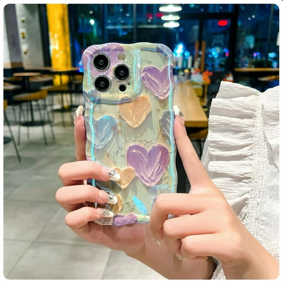 Case for iPhone 14 Pro Max, Cute Love Heart Pattern Phone Case, Laser Glossy Colorful Retro Oil Painting Printed Curly Wave Edge, Durable TPU Protective Back Cover for Women Girls, Blue