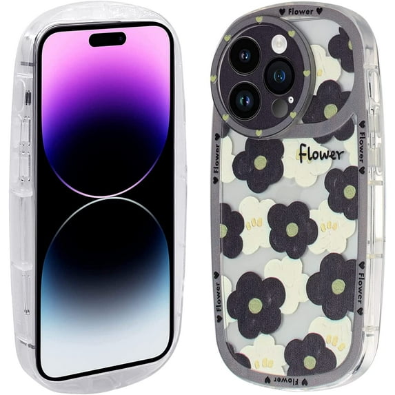 Case for iPhone 14 Pro Max, Drop Protection Kawaii TPU Phone Case for iPhone 14 Pro Max 2022 (6.7 Inch), Cute Cover Back Case for Girls and Women, Black Flowers
