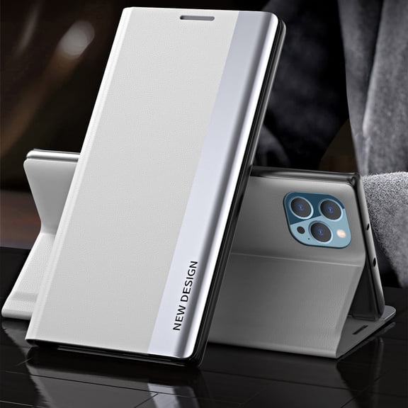Case for iPhone 14 Pro Max, Electroplating Plain PU Leather Skin + PC Shell Anti-fall Wear-resistant Flip Kickstand Shockproof Magnetic Flip Kicktand Cover for iPhone 14 Pro Max, White