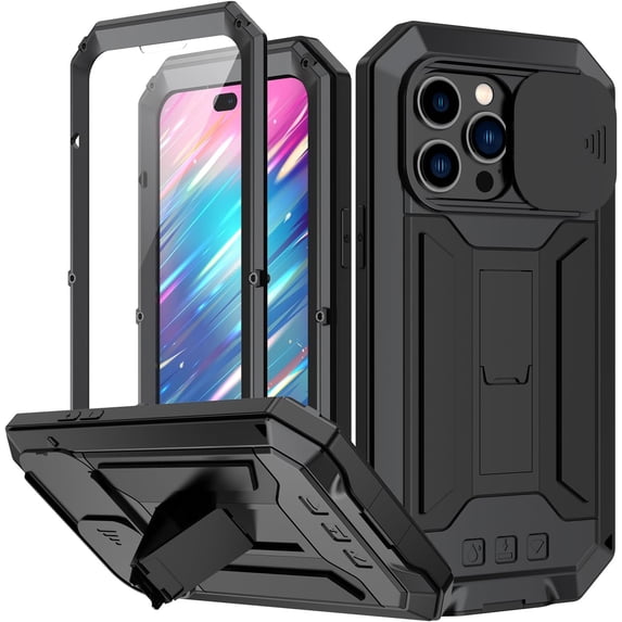 Case for iPhone 14 Pro Max,Military Grade 3 in 1 Metal Full-Body Rugged Stylish Kickstand Protective Case with Built-in Screen Protector Phone Case for iPhone 14 Pro Max,6.7 inch 2022 (Black)