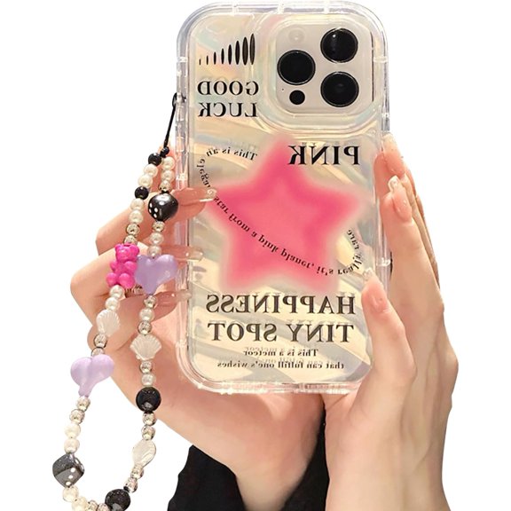 Case for iPhone 14 Pro Max with Phone Charm/Chain,Sparkly Pink Star Pattern Clear Cute Phone Case with Pearl Love Heart Bracelet,Luxury Bling Women Girl Phone Case for iPhone 14 Pro Max