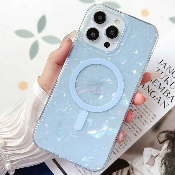 Case for iPhone 14 Pro Max, Sparkle Glitter Bling Shell Pattern Magnetic Cover Compatible with MagSafe Wireless Charging, Slim Lightweight TPU Bumper Shpckproof Case for iPhone 14 Pro Max,Blue