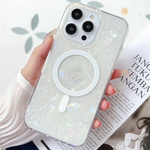 Case for iPhone 14 Pro Max, Sparkle Glitter Bling Shell Pattern Magnetic Cover Compatible with MagSafe Wireless Charging, Slim Lightweight TPU Bumper Shpckproof Case for iPhone 14 Pro Max,White