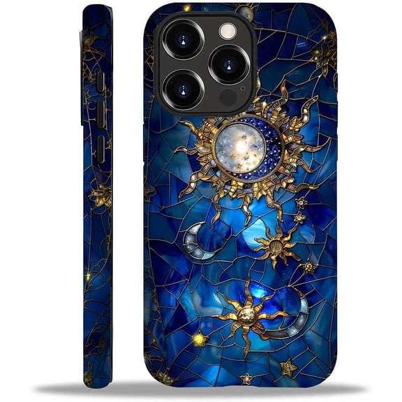 Case for iPhone 14 Pro Max, Stained Glass Moon Stars for 2 in 1 Hard Shell + Soft Silicone, Shockproof Bumper Drop Protective Case for iPhone 14 Pro Max