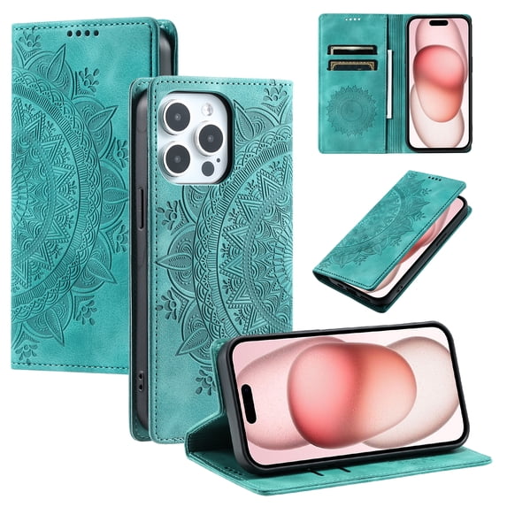 Case for iPhone 14 Pro Max Wallet Case for Women Girls with Card Holder, Embossed Flower Pattern Magnetic Flip PU Leather Purse Protective Phone Cover for iPhone 14 Pro Max, Green