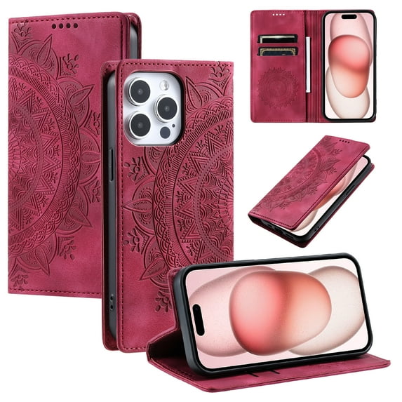 Case for iPhone 14 Pro Max Wallet Case for Women Girls with Card Holder, Embossed Flower Pattern Magnetic Flip PU Leather Purse Protective Phone Cover for iPhone 14 Pro Max, Red