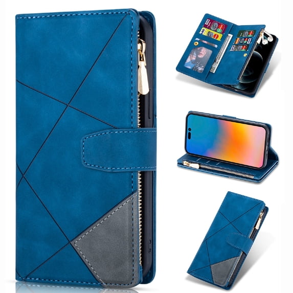 Case for iPhone 14 Pro Max Zipper Wallet Case, Large Capacity Card Slots Cash Hoider Zipper Pocket Premium PU Leather Flip Cover with Wrist Strap Magnetic Clasp Kickstand Shockproof Case,Blue