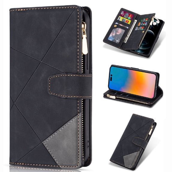 Case for iPhone 14 Pro Max Zipper Wallet Case, Large Capacity Card Slots Cash Hoider Zipper Pocket Premium PU Leather Flip Cover with Wrist Strap Magnetic Clasp Kickstand Shockproof Case,Black