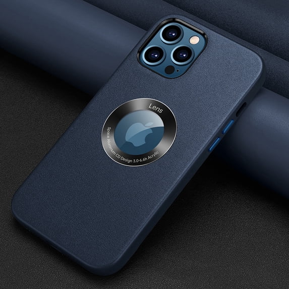 Case for iPhone 14 Pro PU Leather Logo Hollow Cover, Slim Lightweight Soft TPU Bumper Case Compatible with Wireless Charging MagSafe Shockproof Anti-Scratches Protective Case, Blue