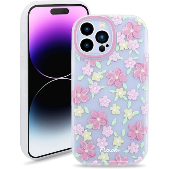 Case for iPhone 14 Pro, Translucent Matte Soft TPU Bumper Case for iPhone 14 Pro (6.1 inch), Cute Print Pattern Design Women Girls Protective Phone Cover, Pink Flower