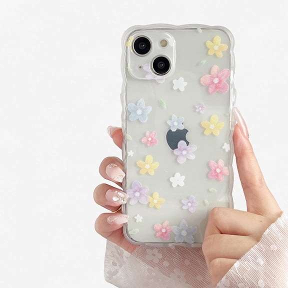 Case for iPhone 14,Transparent Clear Cute Flower Floral Pattern Wave Design Curly Wavy Frame Case,Soft Shockproof Case for iPhone 14 Phone Case 6.1 Inch,Colorful Flower