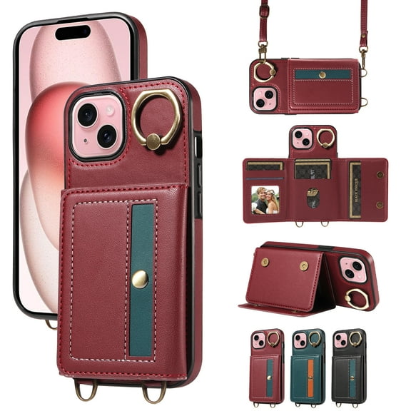 Case for iPhone 14 Wallet Case, Flip Leather Case with 4 Card Holder, Ring Holder Kickstand Shockproof Protective Folio Phone Cover Crossbody Strap for Women Ladies,Red
