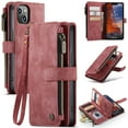 thumbnail image 1 of Case for iPhone 14 Wallet Case for Women Men, Fashion Durable PU Leather Magnetic Flip Lanyard Strap Wristlet Zipper Card Holder Wallet Phone Case for iPhone 14 6.1-inch,Red, 1 of 22