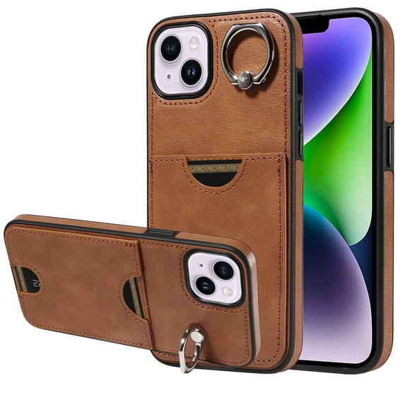 Case for iPhone 14 Wallet with Credit Card Holder & Finger Ring Kickstand, Premium PU Leather Slim Cover Shockproof Scratch Resistant Full Protection Phone Case for iPhone 14, Brown