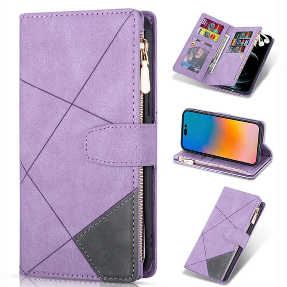 Case for iPhone 14 Zipper Wallet Case, Large Capacity Card Slots Cash Hoider Zipper Pocket Premium PU Leather Flip Cover with Wrist Strap Magnetic Clasp Kickstand Shockproof Case,Purple