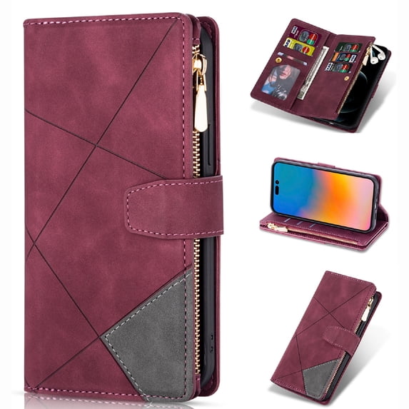 Case for iPhone 14 Zipper Wallet Case, Large Capacity Card Slots Cash Hoider Zipper Pocket Premium PU Leather Flip Cover with Wrist Strap Magnetic Clasp Kickstand Shockproof Case,Winered