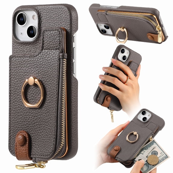 Case for iPhone 14 Zipper Wallet Case, PU Leather Case with Card Holder, Ring Holder Stand, RFID Blocking Magnetic Car Mount Shockproof Protection Phone Cover for iPhone 14 - Gray