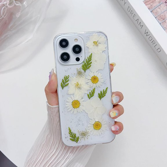 Case for iPhone 14/iPhone 13, Clear Handmade Real Dried Daisy Flower Leaf Embedded Pressed Floral Flexible Soft Rubber Gel TPU Protective Bumper Back Cover for Girls Women - White