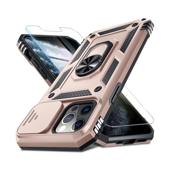 Case for iPhone 14 & iPhone 13 Phone Cover Built in Slide Camera Lens Cover+Screen Protector,Heavy Duty Shockproof Full Body PhoneCase with Finger Ring Holder Kickstand,Rose Gold