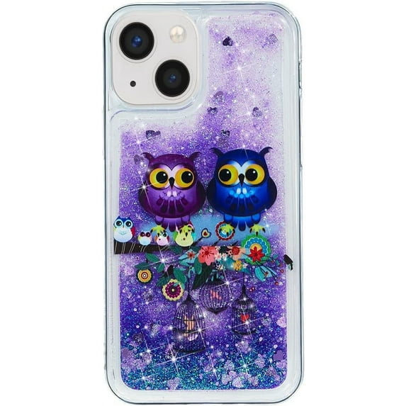 Case for iPhone 14, iPhone 14 Case Cute Pink Glitter Luxury Sparkle Liquid for Girls Women Quicksand Clear Soft TPU Protective Phone Case for iPhone 14 Couple Owls