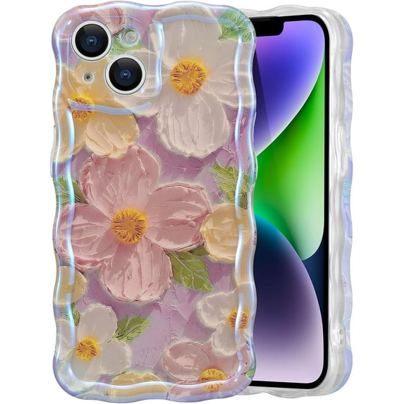Case for iPhone 14/pro/max,Colorful Retro Oil Painting Printed Flower Laser Beam Glossy Pattern Cute Curly Waves Border Exquisite Phone Cover Stylish Durable TPU Protective Case for Girls Women