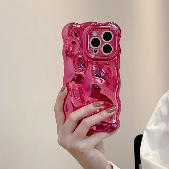 Case for iPhone 15,3D Meteorite Bubble Pattern Electroplate Plating Glossy Curly Wavy Frame Case,Shockproof Soft TPU Protection,for iPhone 15 Case 6.1 Inch/Hot Pink