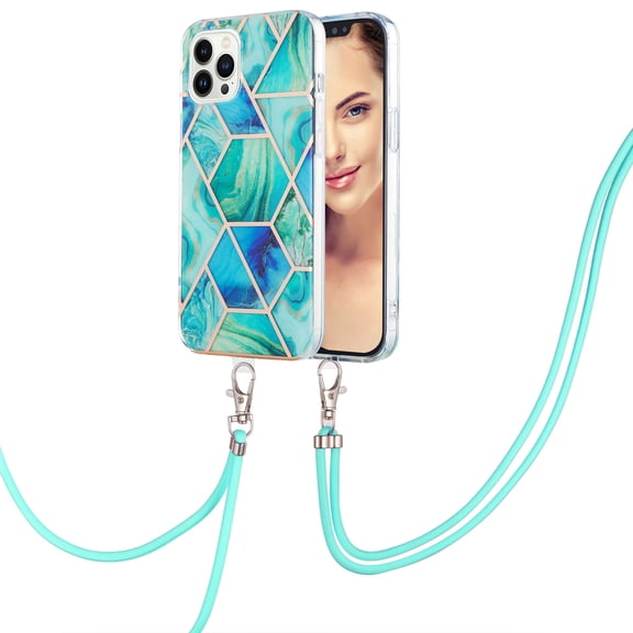 Case for iPhone 15 6.1 Anti-Fingerprint Skid Resistant Shockproof Protective Marble Pattern Phone Cover with Adjustable Detachable Nylon Phone Lanyard