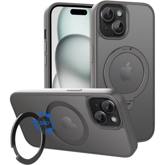 Case for iPhone 15 6.1 inch with 360° Rotatable Ring Phone Stand,Compatible with MagSafe &  Car Phone Mount,iPhone 15 Cases Cover Phone Holder for Desk Meeting/Videos Gray