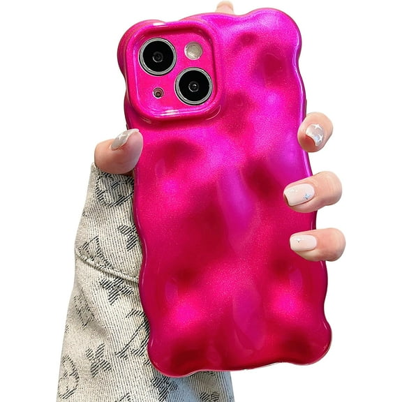 Case for iPhone 15 6.1 inch, Cute Solid Color Curly Wave Shape Shockproof Soft Bumper Phone Case, Candy Water Ripple 3D Silicon Slim Pretty Case Non-Yellowing Cover, Hot Pink
