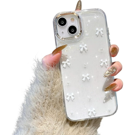 Case for iPhone 15, Bling Glitter 3D Bowknot Phone Case Cute Sparkly Crystal Clear Bow Aesthetic Design Case Slim Soft Durable TPU Transparent Protective Cover for Women Girl - White Bow