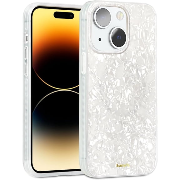 Case for iPhone 15 Case [Compatible with MagSafe] with White Pearl Design, Cute Clear Phone Cover for Women Girls and Men, Slim Bumper with Mother of Pearl Shell Pattern