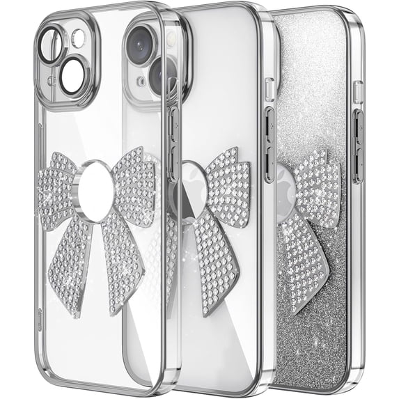 Case for iPhone 15 Case Glitter Bling Crystal Bow Design Full Camera Lens Protector Anti-Scratch Bumper Shockproof Cover Women Girls Soft TPU Case for iPhone 15 Sliver KDL