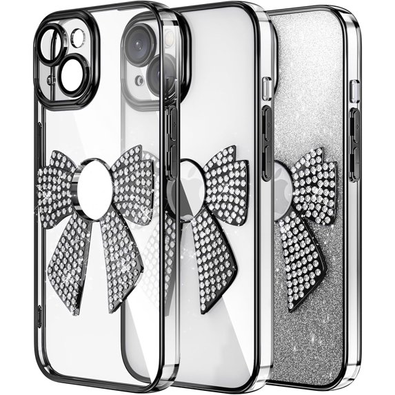 Case for iPhone 15 Case Glitter Bling Crystal Bow Design Full Camera Lens Protector Anti-Scratch Bumper Shockproof Cover Women Girls Soft TPU Case for iPhone 15 Black KDL