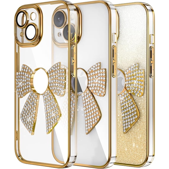 Case for iPhone 15 Case Glitter Bling Crystal Bow Design Full Camera Lens Protector Anti-Scratch Bumper Shockproof Cover Women Girls Soft TPU Case for iPhone 15 Gold KDL