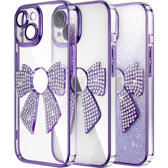 Case for iPhone 15 Case Glitter Bling Crystal Bow Design Full Camera Lens Protector Anti-Scratch Bumper Shockproof Cover Women Girls Soft TPU Case for iPhone 15 Purple KDL