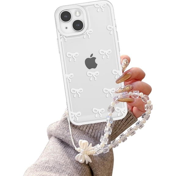 Case for iPhone 15, Clear Cute Ribbon Bowknot Aesthetic Phone Case with Charm Bracelet Chain Raised Camera Protection Stylish Soft Durable TPU Protective Cover for Women Girls - White