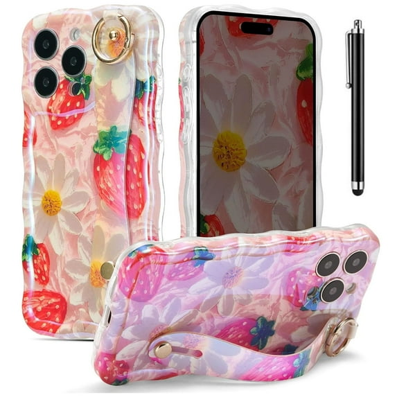 Case for iPhone 15 , Colorful Oil Painting Flower Case with Phone Grip Pretty Glossy Wave Cover Cute Floral Phone Finger Strap Stand Shell for Women Girl With Stylus Pen, Strawberry