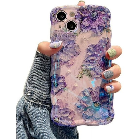 Case for iPhone 15, Colorful Retro Oil Painting Printed Flower Laser Glossy Pattern Cute Curly Waves Border Exquisite Phone Cover Stylish Durable TPU Protective Case for Girls Women - Purple