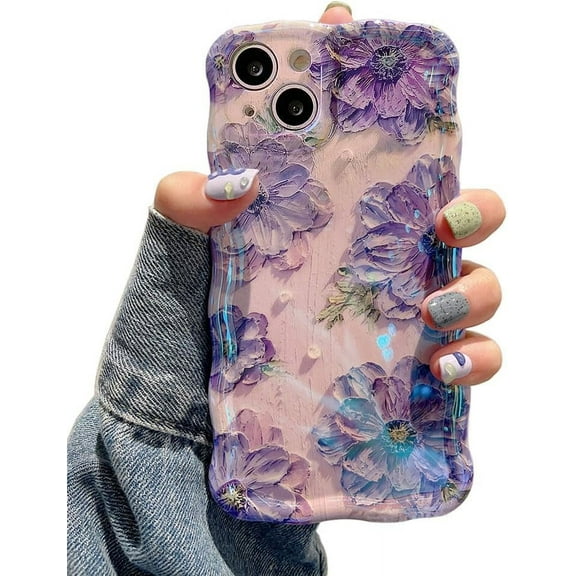Case for iPhone 15, Colorful Retro Oil Painting Printed Flower Laser Glossy Pattern Cute Curly Waves Border Exquisite Phone Cover Stylish Durable TPU Protective Case for Girls Women - Purple