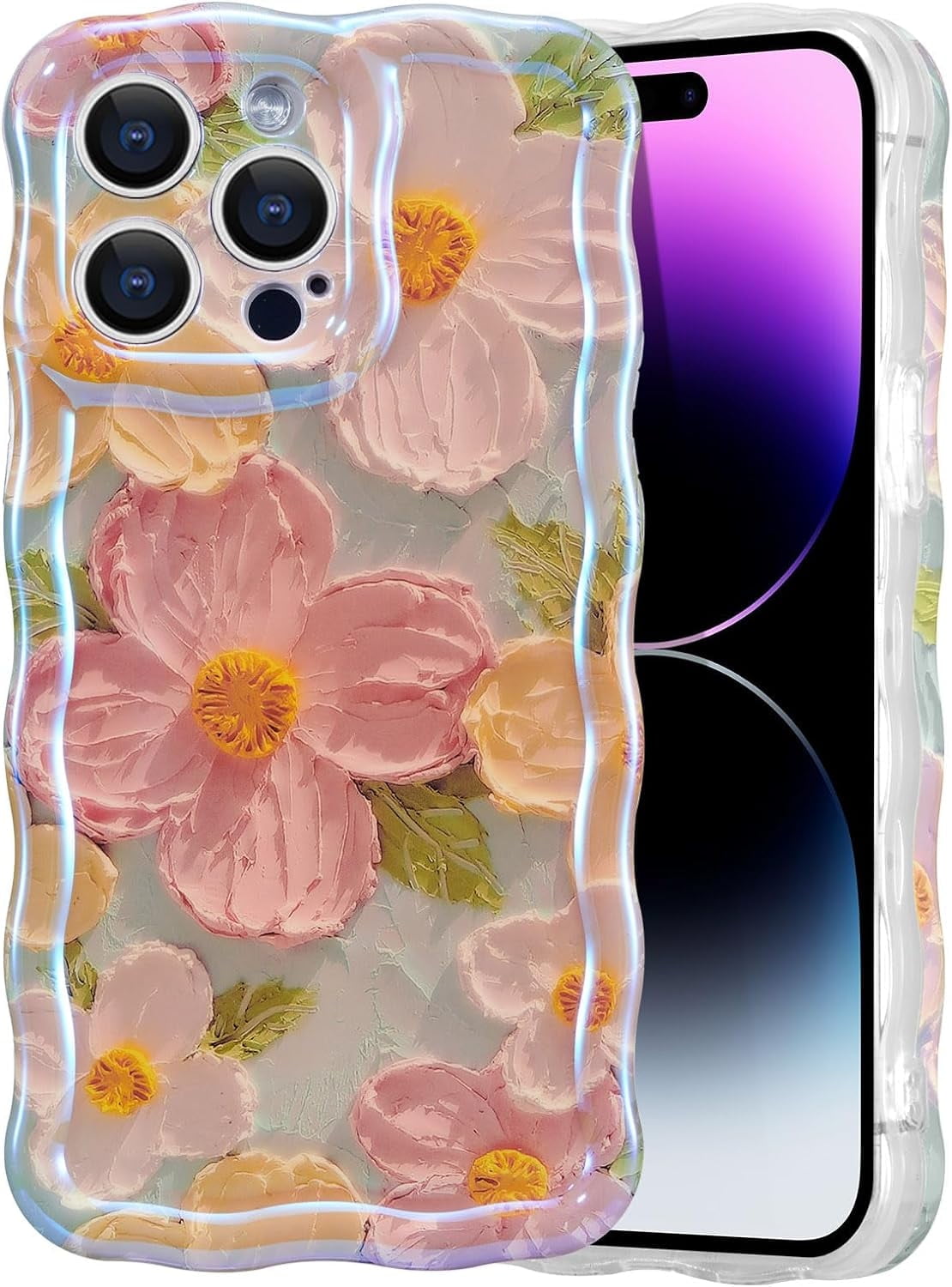Case for iPhone 15, Colorful Retro Oil Painting Printed Flower Laser