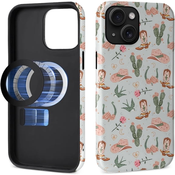 Case for iPhone 15 [Compatible with MagSafe], Glossy Soft Silicone + Hard PC Anti-Scratch Shockproof Protective 2-in-1 Case for Women Men - Cute Western Cowgirl Cactus Cowboy