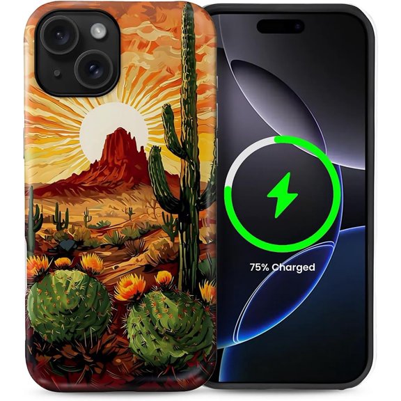 Case for iPhone 15 [Compatible with MagSafe], Matte Soft Silicone and Hard PC Anti-Scratch Shockproof Protective 2-in-1 Case for Women Men - Desert Cactus