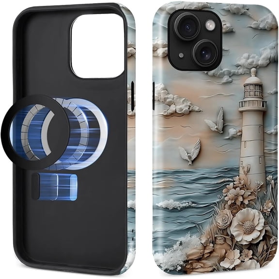 Case for iPhone 15 [Compatible with MagSafe], Matte Soft Silicone and Hard PC Anti-Scratch Shockproof Protective 2-in-1 Case for Women Men - Pastel Coastal Lighthouse