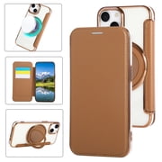 Case for iPhone 15 Compatible with MagSafe, PU Leather Flip Clear 360 Rotating Magnetic Ring Kickstand Phone Case with Card Holder RFID Blocking Shockproof Protective Cover, Brown