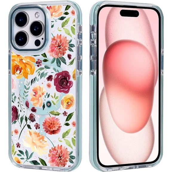 Case for iPhone 15, Compatible with MagSafe, Pretty Watercolor Flowers for Shockproof Protective, Slim Hard PC+TPU Cute Bumper Magnetic Clear Case for iPhone 15 - Blue